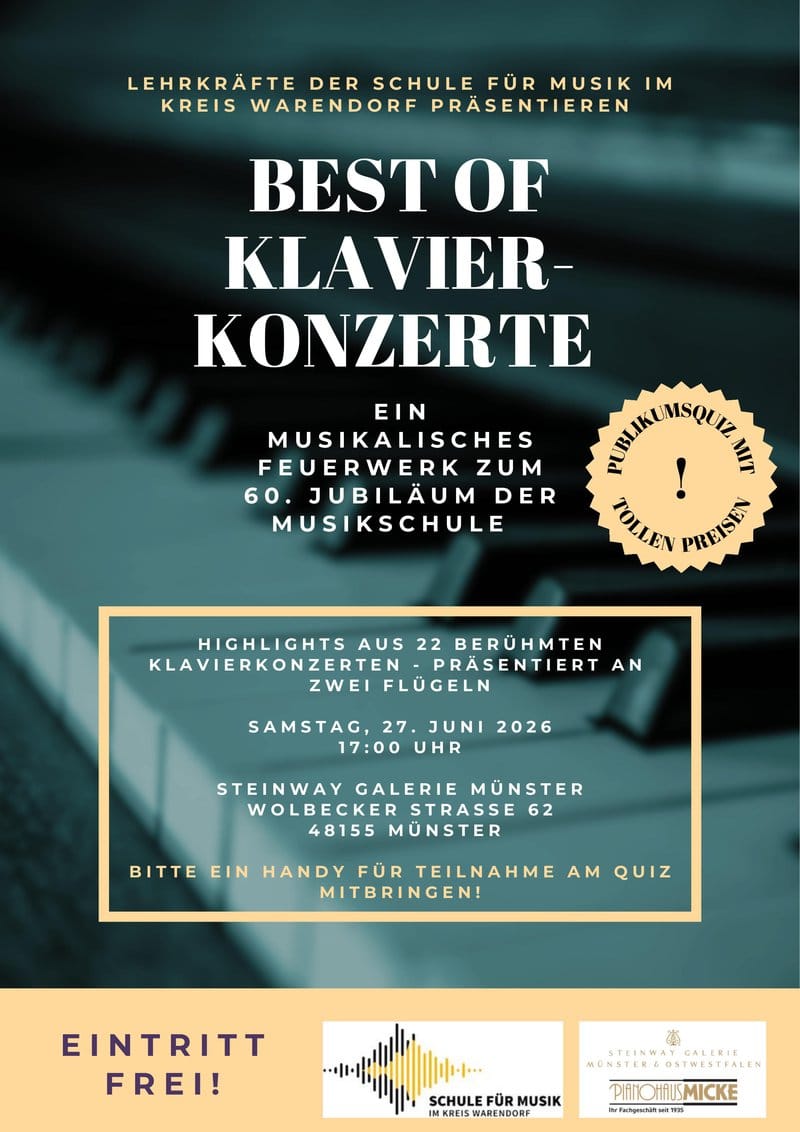Plakat Best of Klavierkonzerte – Konzert am 27. Juni 2026 in der Steinway Galerie Münster