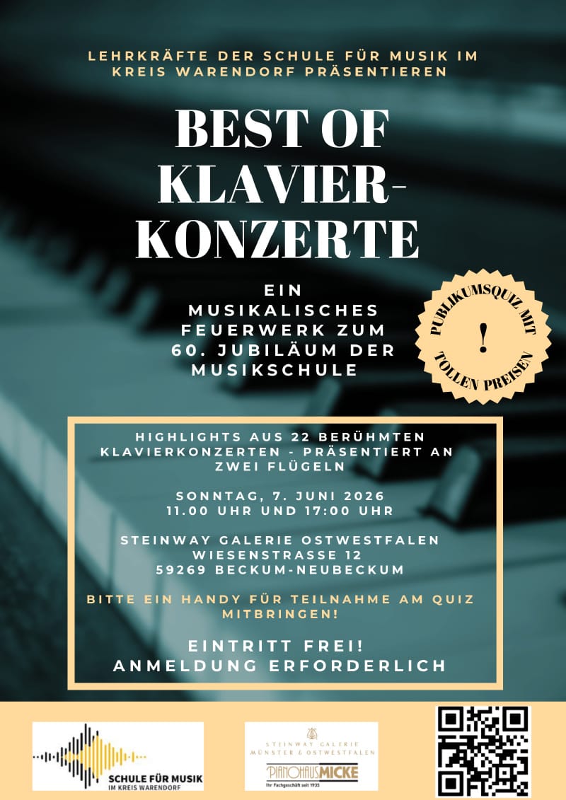 Plakat Best of Klavierkonzerte – Konzerte am 7. Juni 2026 in der Steinway Galerie Ostwestfalen, Beckum-Neubeckum