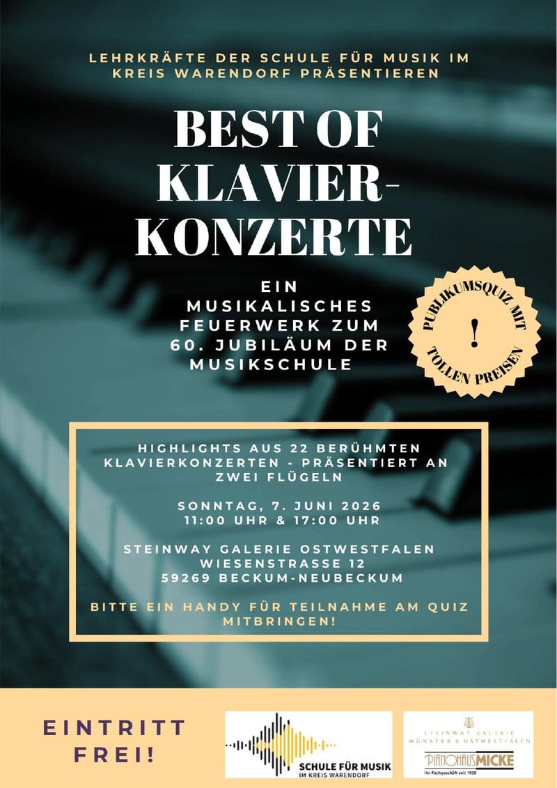 Plakat Best of Klavierkonzerte – Konzerte am 7. Juni 2026 in der Steinway Galerie Ostwestfalen, Beckum-Neubeckum