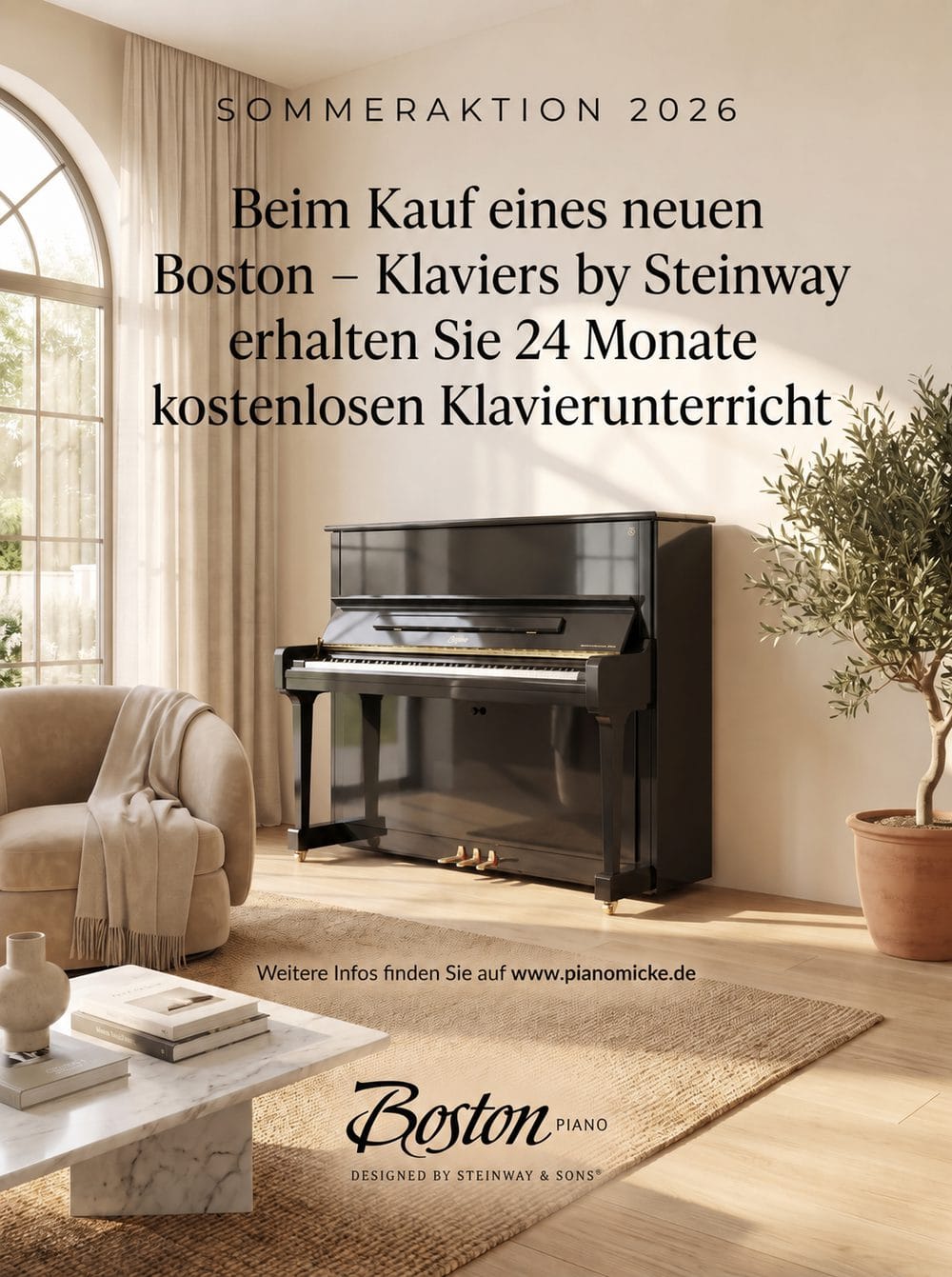 Beim Kauf eines neuen Boston-Klaviers by Steinway erhalten Sie 24 Monate kostenlosen Klavierunterricht