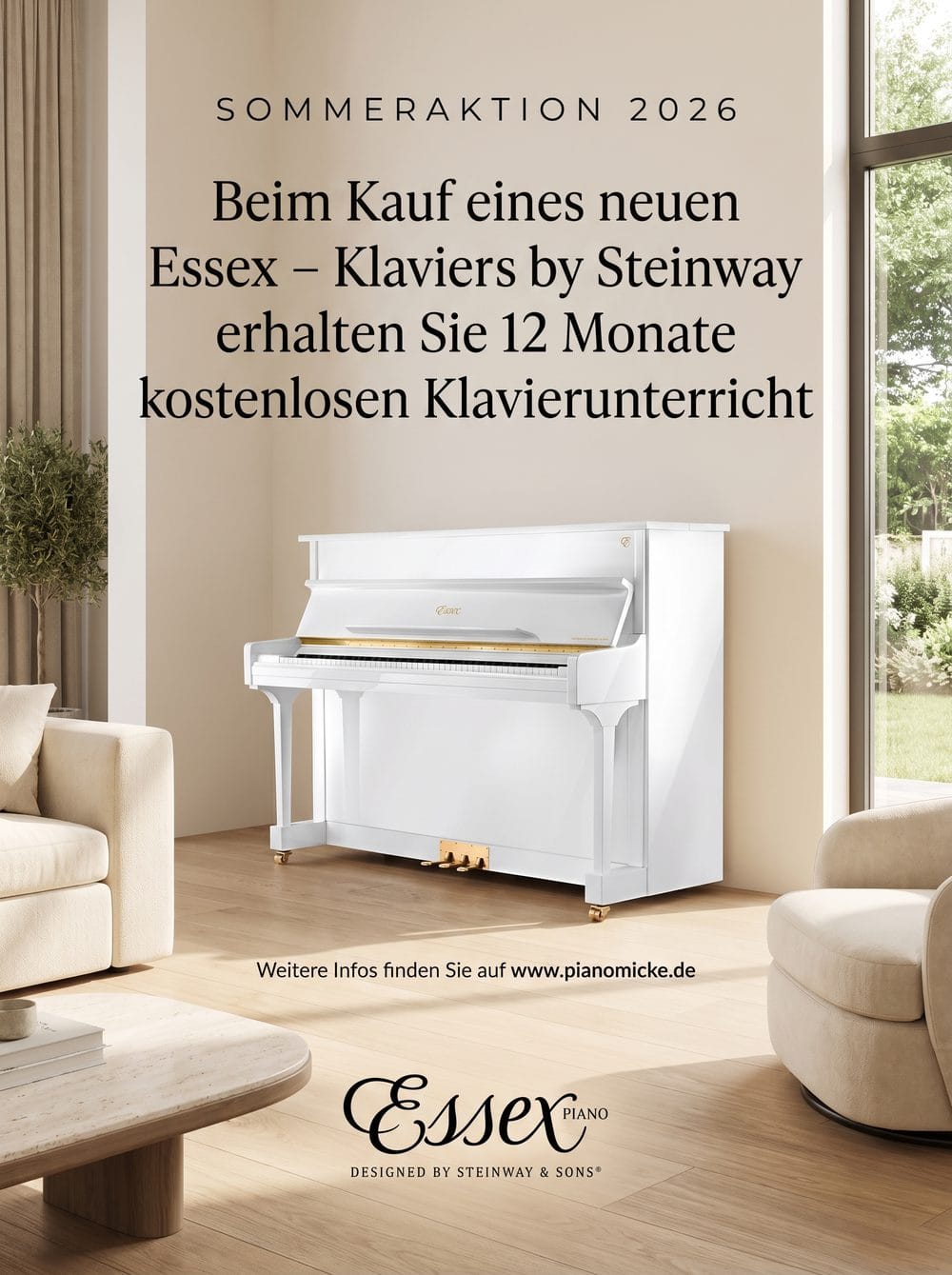 Beim Kauf eines neuen Essex-Klaviers by Steinway erhalten Sie 12 Monate kostenlosen Klavierunterricht