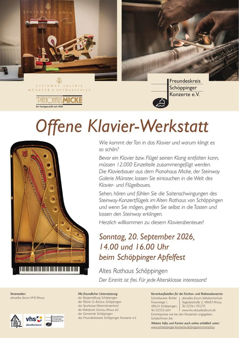 Plakat zur Offenen Klavier-Werkstatt am 20. September 2026 im Alten Rathaus Schöppingen